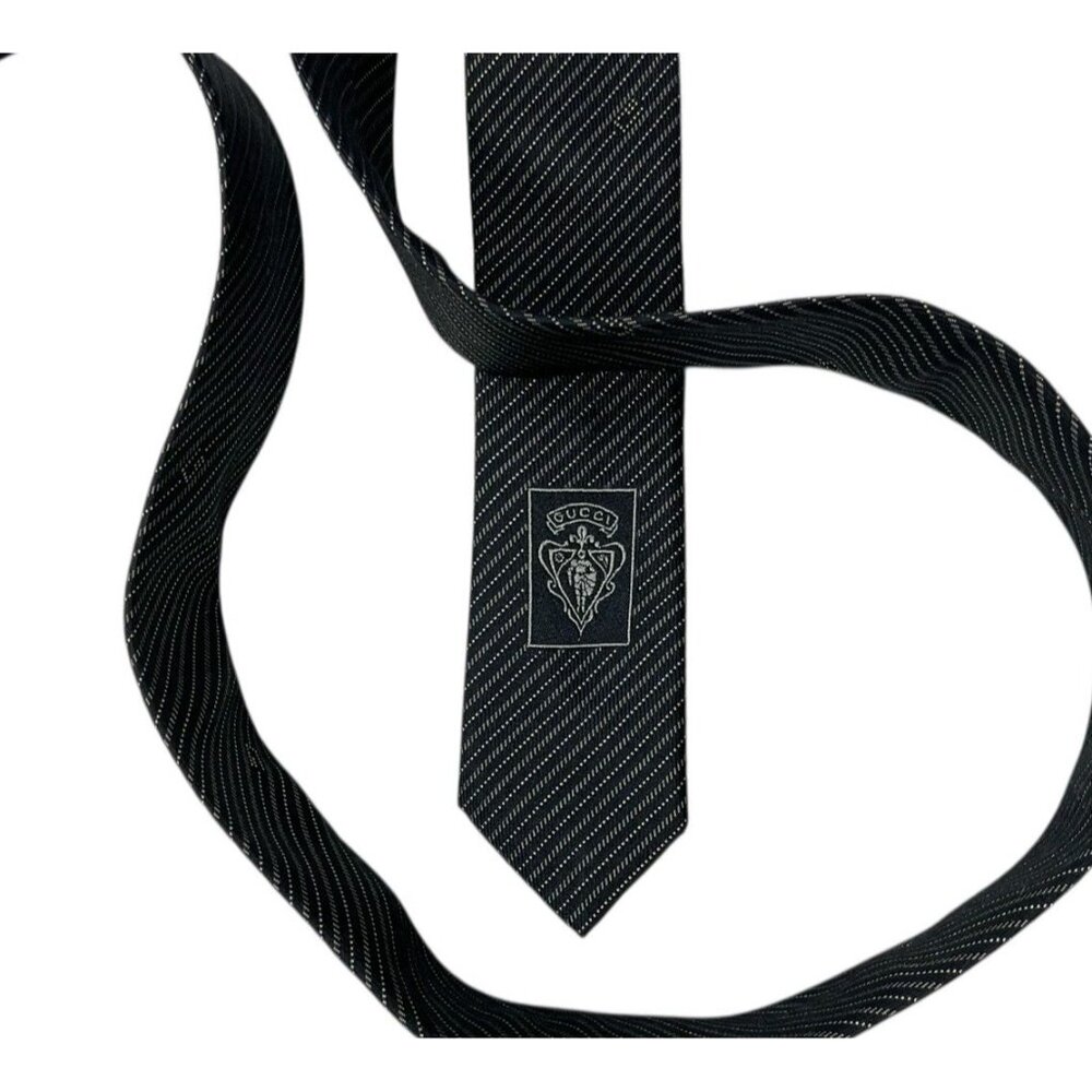GUCCI Men's 100% Silk Necktie LUXURY Tie Gray Striped Monogram G W:3.4" EUC - Picture 4 of 5